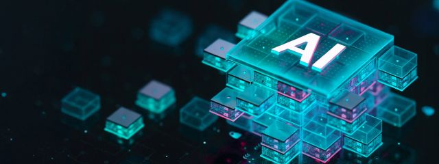 Futuristische 3D-Darstellung von leuchtenden Würfeln mit der Aufschrift AI, symbolisch für künstliche Intelligenz